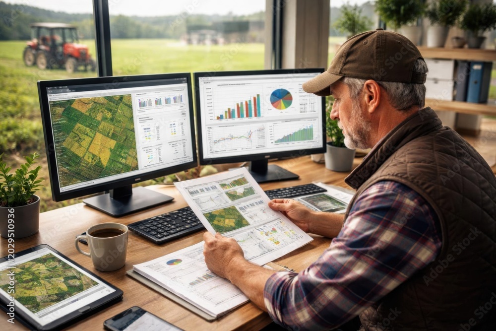 Fototapeta premium Un agricultor examina los informes de rendimiento de los cultivos en una moderna oficina agrícola