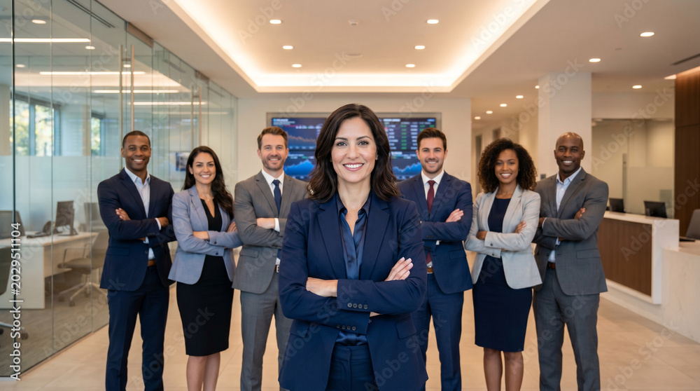 Obraz premium Diverse banking team standing in modern premium bank office with confident female financial advisor in foreground, bankers and investment consultants, professional finance workplace corporate portrait