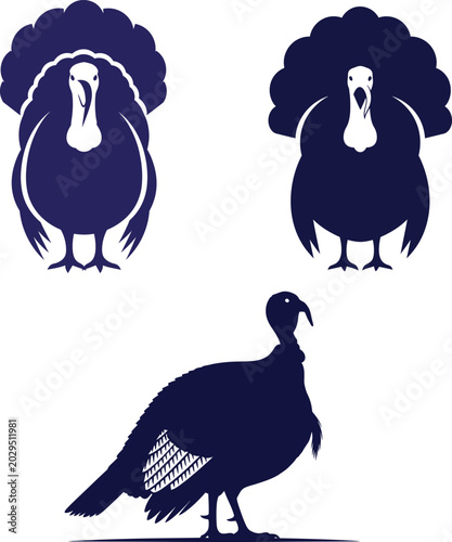 Set of dark blue turkey bird icons and illustrations for thanksgiving holiday design elements and animal graphics