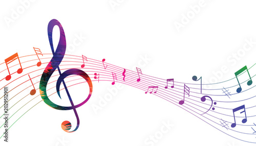 Canvas Print Abstract Musical Notes and Treble Clef on a Colorful Sound Wave Illustration