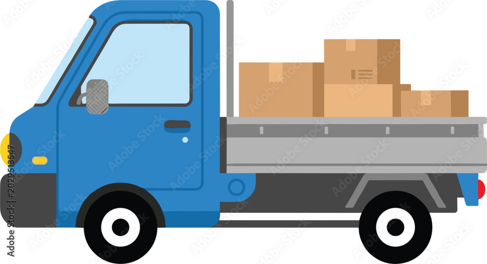 Fototapeta premium Small blue delivery truck vector illustration with cardboard boxes on bed isolated on white background