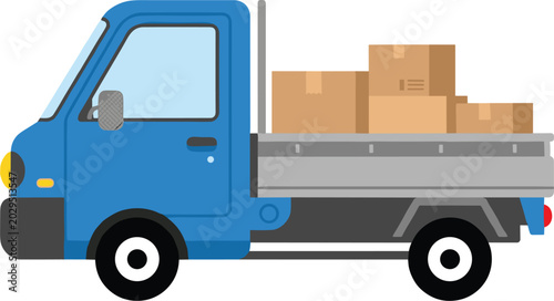 Small blue delivery truck vector illustration with cardboard boxes on bed isolated on white background
