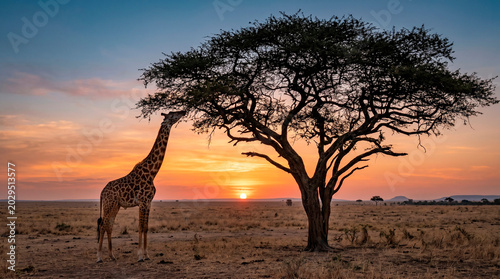 A giraffe standing next to a large tree in the savannah against the backdrop of a sunset.