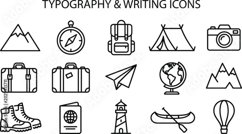 Set of travel and tourism line icons, including mountain, compass, backpack, tent, camera, suitcase, paper plane, globe, boots, passport, lighthouse, canoe and hot air balloon