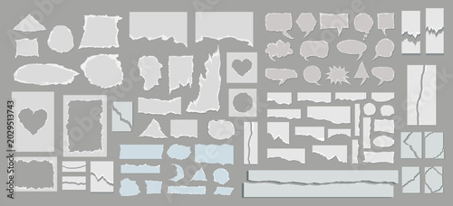 Large collection of torn paper pieces, ripped edges, and speech bubbles. Realistic paper scraps and heart shapes in grey and white. Editable vector EPS for collage and scrapbooking designs. Torn Paper