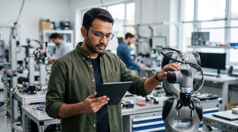 Fototapeta premium Professional engineer inspecting a robotic arm with a tablet in a modern laboratory. Asian specialist working on robotics automation in a research and development workspace.