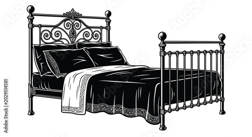 Schilderij op canvas Vintage black metal bed frame illustration ornate victorian style
