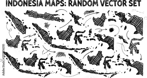 Foto Hand-drawn Sketchy Black  White Vector Set: Indonesia Maps