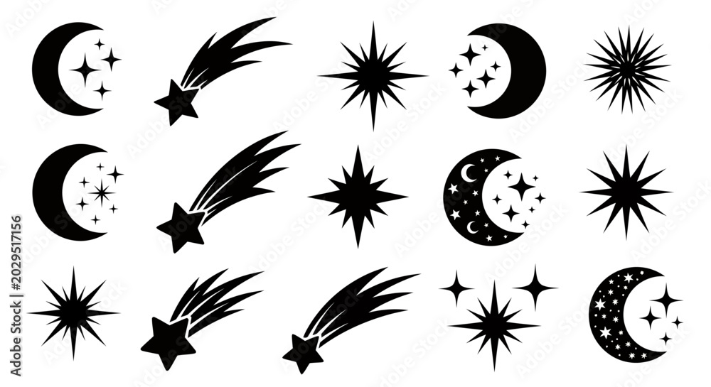 Fototapeta premium Collection of black celestial symbols featuring moons, stars, comets and shooting stars in a decorative pattern.