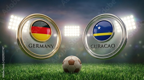 Germany vs Curacao Football Match Concept With National Flags And Soccer Ball On Stadium Field
