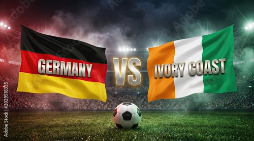 Germany vs Ivory Coast Flags on Soccer Field for International Football Match Concepts