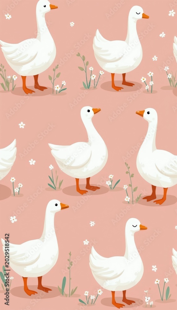Obraz premium Cute white geese illustration on pink pastel background with flowers and grass. Adorable cartoon birds repeat pattern for children, baby products, wallpaper, and spring decor.