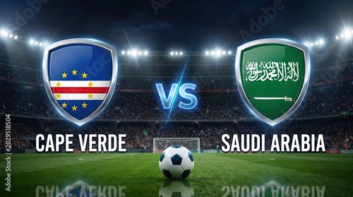 Cape Verde Vs Saudi Arabia National Football Teams Logos With Soccer Ball On Stadium Field For Sports Event Concepts