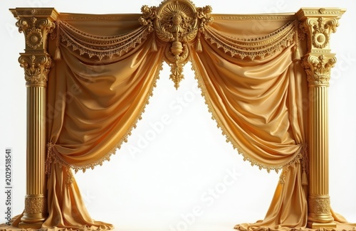 Golden ornate curtains with columns and carved details. Luxurious fabric hangs with decorative trim and tassels. Elegant interior decor piece for rich, formal settings.