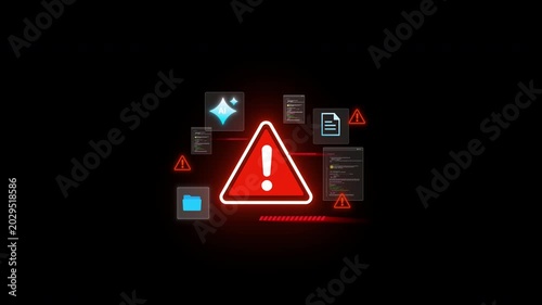 4k, Cybersecurity warning alert concept with digital interface showing ai system threat detection data protection risk and network security defense