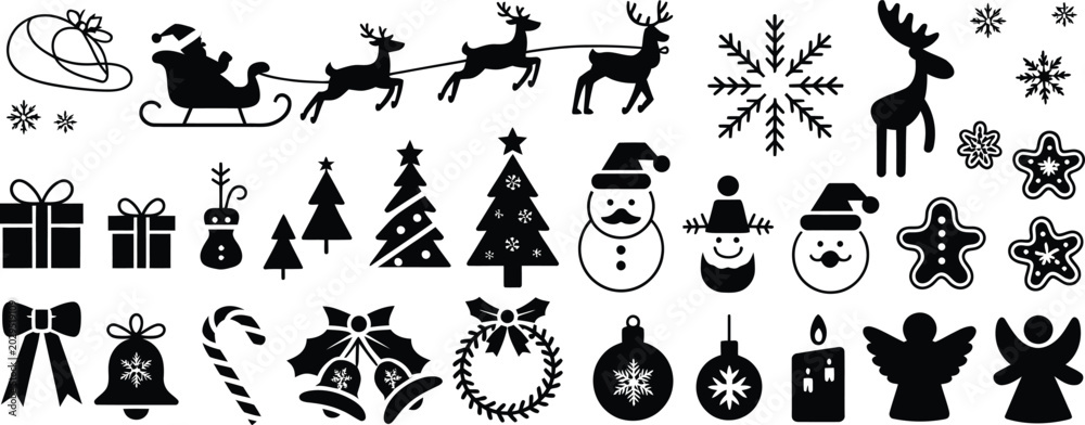 Obraz premium Collection of black silhouette Christmas including Santa sleigh reindeer trees snowmen gifts