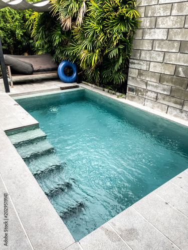 Small tropical swimming pool surrounded by lush green plants and modern stone walls, featuring clear turquoise water and a relaxing outdoor atmosphere perfect for luxury resort living.