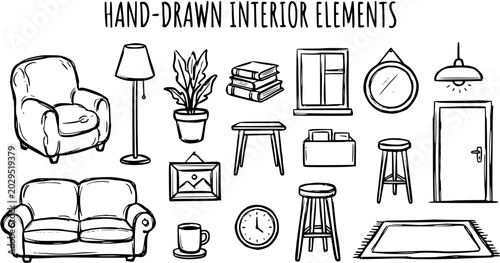 Hand-Drawn Black and White Line Art Interior Elements Collection for Home Decor and Furniture Design. Sketchy Icons for Lifestyle and Real Estate.