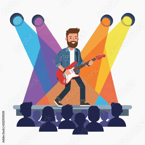 A bearded musician plays electric guitar on stage under vibrant spotlights. Silhouetted audience watches his energetic show.