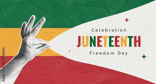 Celebration Juneteenth Freedom Day. African American Independence Day June 19 halftone banner template. Vector illustration with pop art collage hand and paper cut out sheet.