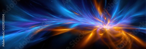 Blue/orange energy streams explode symmetrically from a central point against dark void, with glowing tendrils and subtle particle effects.