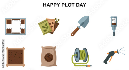 Konstfotografi An infographic titled HAPPY PLOT DAY with eight flat icons depicting gardening t