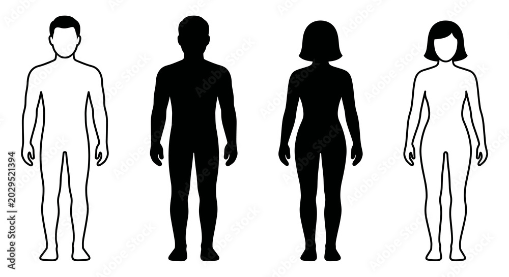 Obraz premium Man and woman human body silhouette outline figure patient front view contour. Isolated vector monochrome male and female person shapes standing full height. Bare and naked slim healthy people