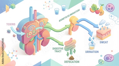 Illustration of the human body's detoxification process and waste elimination