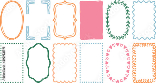 Set of colorful hand drawn frames and speech bubbles with doodle patterns for photo frames stickers or creative journal design.
