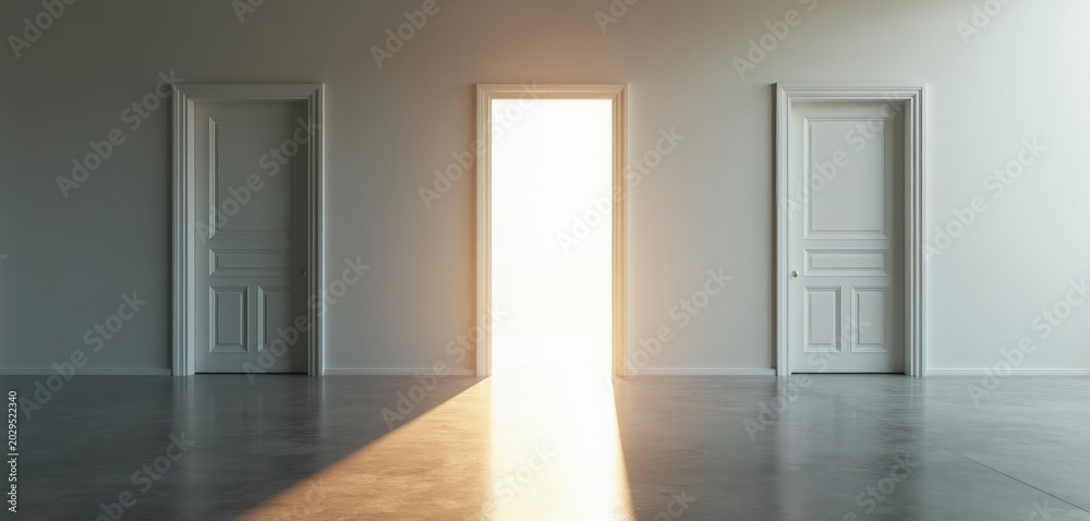 Fototapeta premium Three white doors stand against a wall. One door is open revealing bright light and casting shadows on floor. Minimalist interior with choice and opportunity symbolism.