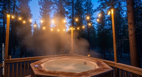 Relaxing Hot Tub Under String Lights in a Forest at Dusk.