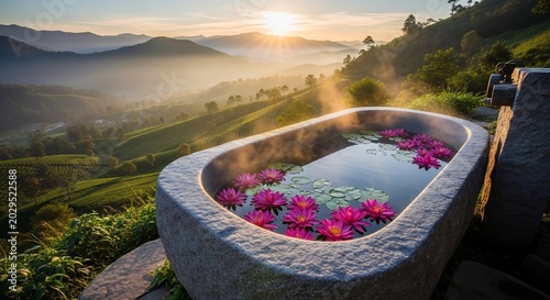 Serene Outdoor Bathtub Oasis Amidst Misty Mountain Sunrise.