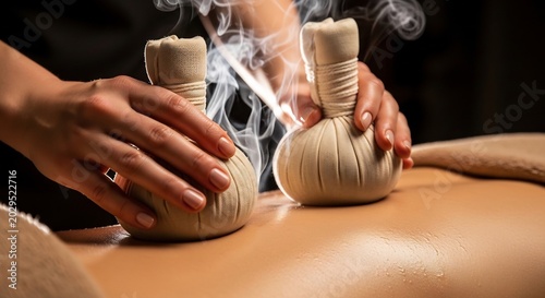 Close-up of a spa therapist performing a hot herbal compress massage on a persons back with steam rising.