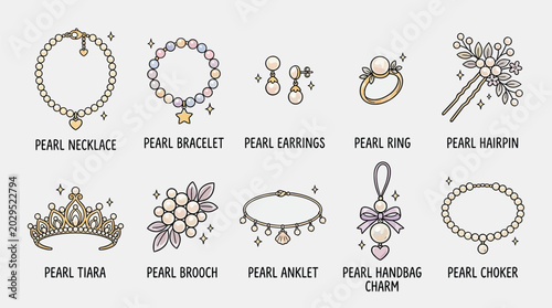 Tableau sur toile Collection of elegant pearl jewelry and accessories, including necklaces, bracelets, earrings, rings, tiaras, brooches, anklets, hairpins, and handbag charms