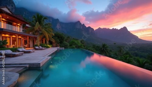 Luxury villa with infinity pool overlooks mountains at sunset. Tropical paradise resort offers lounge chairs, serene ocean views. Relaxing vacation destination for upscale travelers seeking