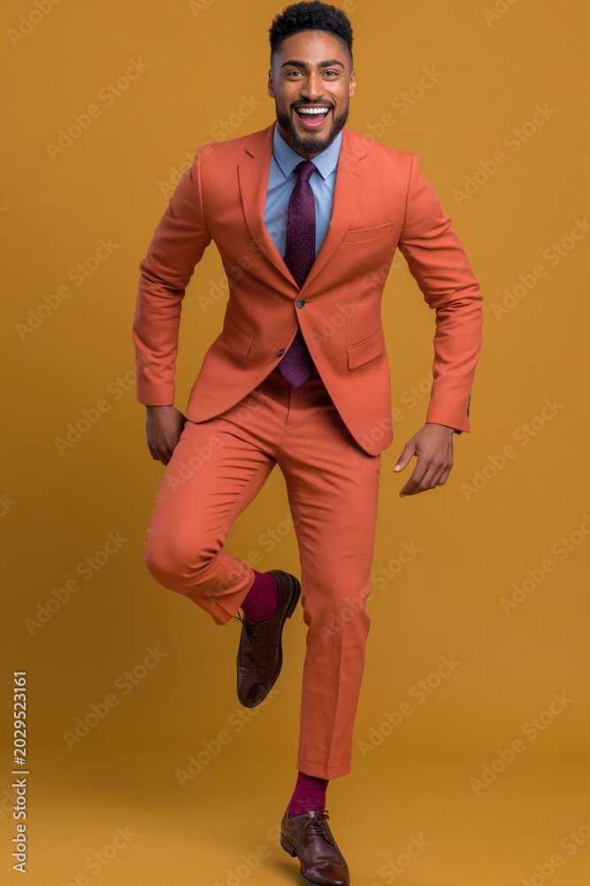 Fototapeta premium Smiling man jumping in orange suit on colored backdrop