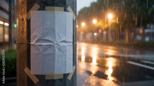 Blank white paper notice taped to a utility pole on a rainy city street at night