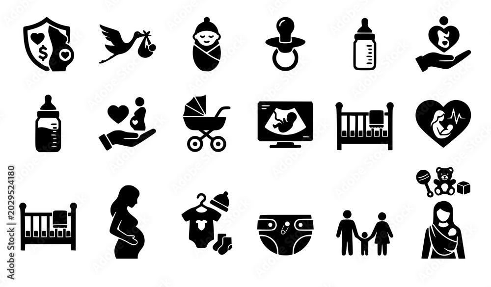 Obraz premium Pregnancy and Baby Care Glyph Icon Set Featuring Pregnant Woman, Ultrasound Screening, Crib, Stork, Pacifier, and Stroller Symbols for Maternity Healthcare Website Interfaces