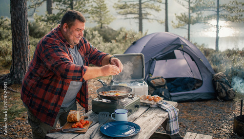 plus size man cooking breakfast at a campsite