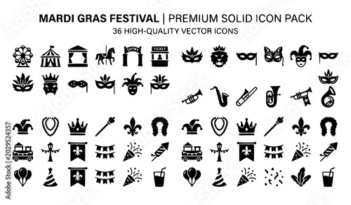 Foto Mardi Gras Festival Premium Solid Icon Set Featuring Masquerade Masks, Jester Ha