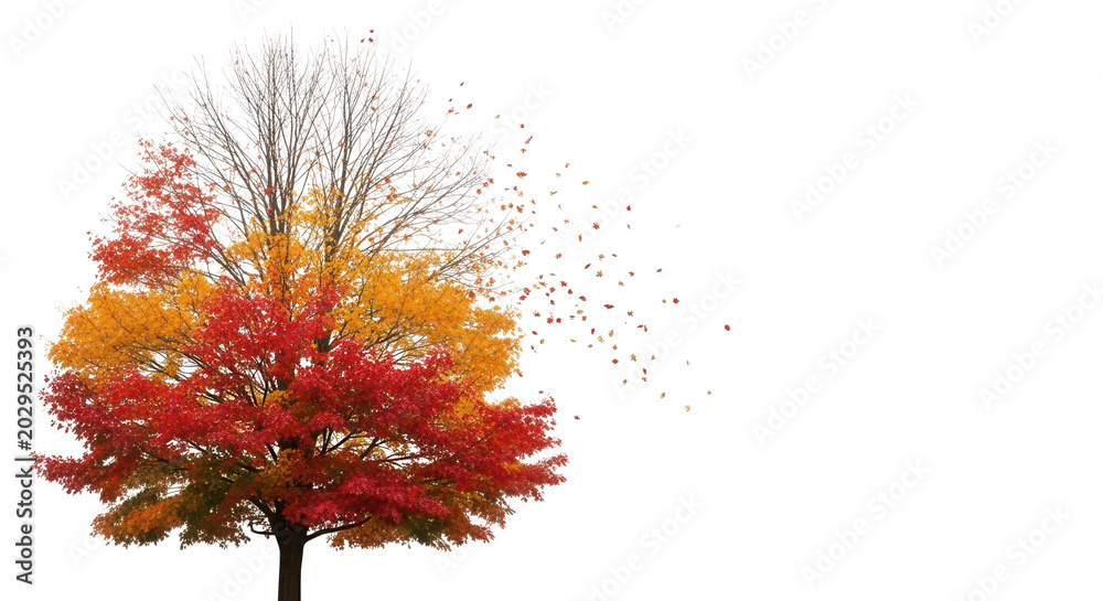Fototapeta premium A deciduous tree transitioning from vibrant red and orange autumn leaves to bare white branches, with falling leaves on a black background