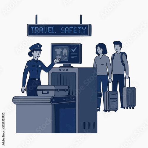 Airport Security Officer Checking Passengers and Luggage at International Travel Control Area