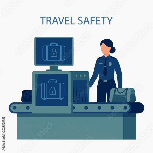 A vigilant female security officer stands by a luggage x-ray scanner at an airport checkpoint, monitoring bags for travel safety, featuring a clear display of scanned baggage with a lock icon.