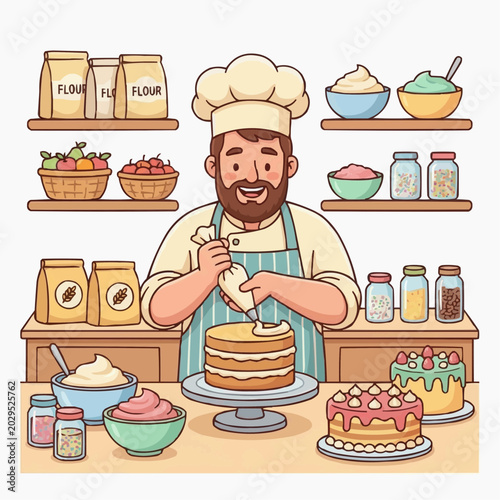 Happy Bakery Chef Decorating Fresh Homemade Cake Inside Cozy Pastry Shop Kitchen