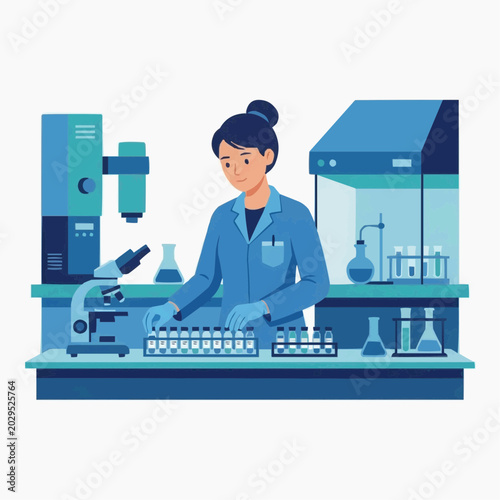 Female Scientist Conducting Advanced Laboratory Research Using Microscope and Scientific Instruments