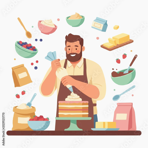 Professional Pastry Chef Preparing Delicious Layer Cake with Baking Ingredients and Desserts Around