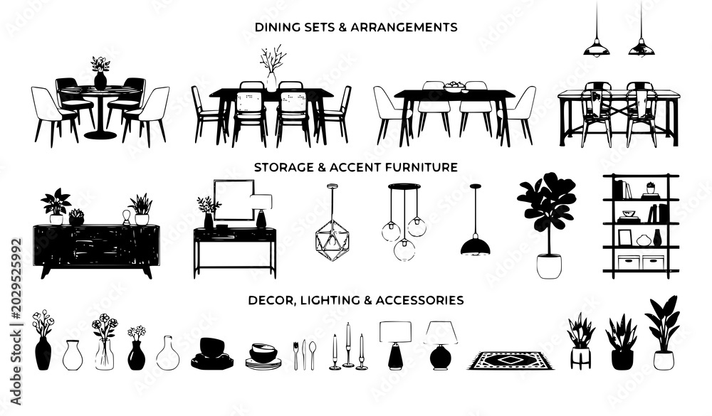 Obraz premium Modern Interior Design Silhouette Element Set Featuring Dining Tables, Storage Consoles, Pendant Lighting Fixtures, Houseplants, and Home Decorative Accessories