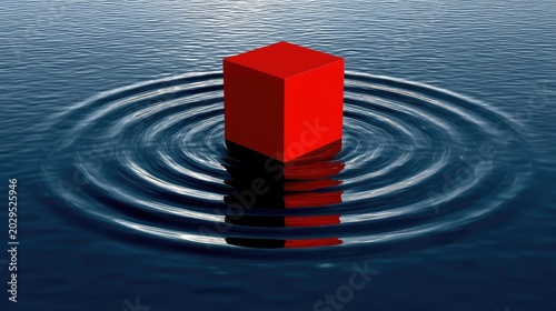 Red Cube Floating and Creating Ripples on Dark Blue Water Surface