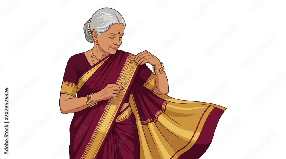 Obraz premium Illustration of an elegant elderly Indian woman adjusting her traditional saree. EPS Editable. Vector Illustrations.