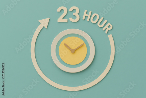 Minimal flat lay illustration of twenty three hour fasting clock on teal background. health concept for diet, wellness, and disciplined eating with simple paper cut design